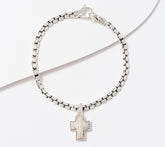 JAI Sterling Silver Box Chain Pave White Topaz Cross Charm Bracelet, 8"